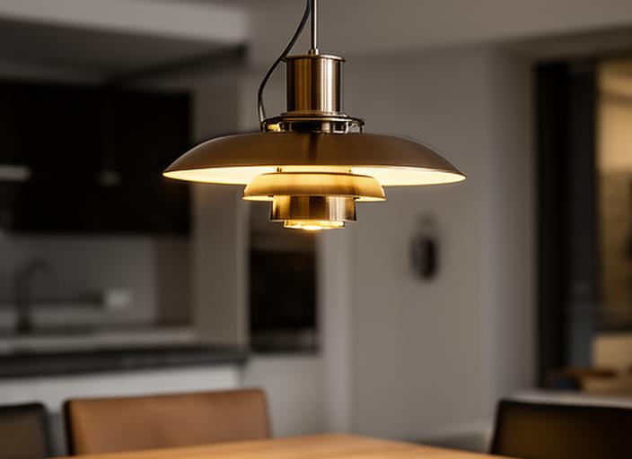 Montierte Designerlampe über einem Esstisch in einer modernen Wiener Wohnung