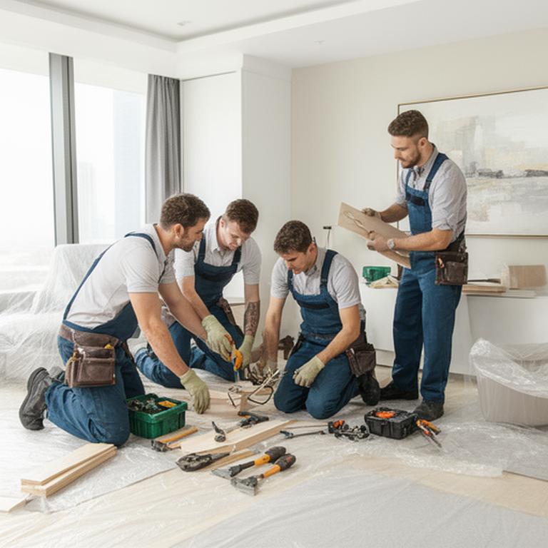 Handwerkerteam von Hütter Hilfe GmbH bei einer sorgfältigen Reparatur in einer Wiener Wohnung mit Werkzeug und Schutzfolie