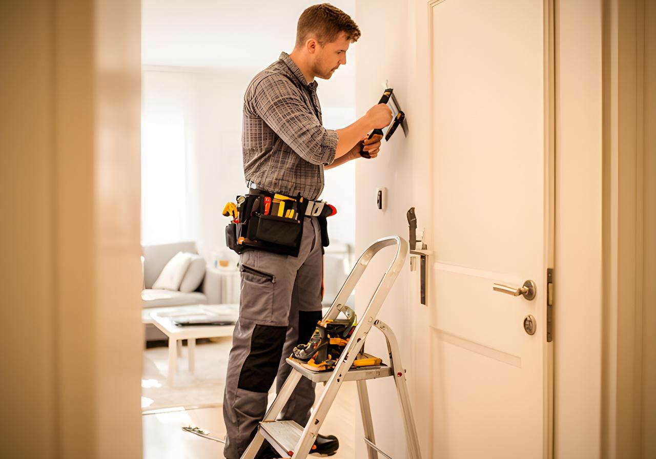 Handwerker prüft in einer hellen Wiener Wohnung eine Tür und Werkzeug auf einer Leiter